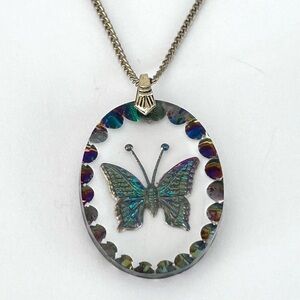 Reverse Glass Carved Butterfly Indigo Retro Pendant Silver Tone Chain Necklace